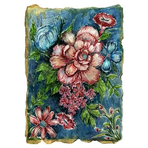 May include: A watercolor painting of a floral arrangement. The artwork features a large, pink peony as the focal point, surrounded by other flowers in shades of red, blue, and pink, with green leaves against a blue background. The edges have a textured, aged appearance.