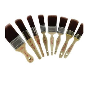 May include: A collection of paint brushes with light wooden handles and dark brown bristles. The brushes are arranged in a semi-circle, showcasing various sizes and shapes. Each brush has a metal ferrule and is labeled with text.