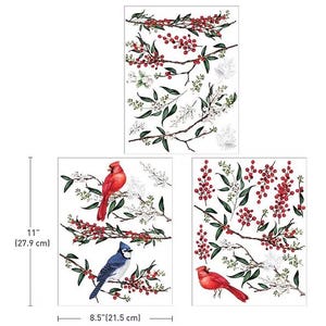 May include: Three sheets of wall decals featuring birds and branches with red berries and white flowers. The largest sheet is 11 inches (27.9 cm) tall and 8.5 inches (21.5 cm) wide. One sheet has a red cardinal and a blue jay.