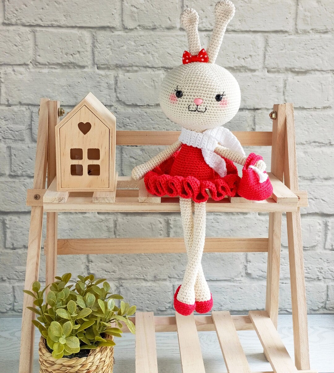 Handmade Crochet Bunny Toy in Burgundy Dress main image 0