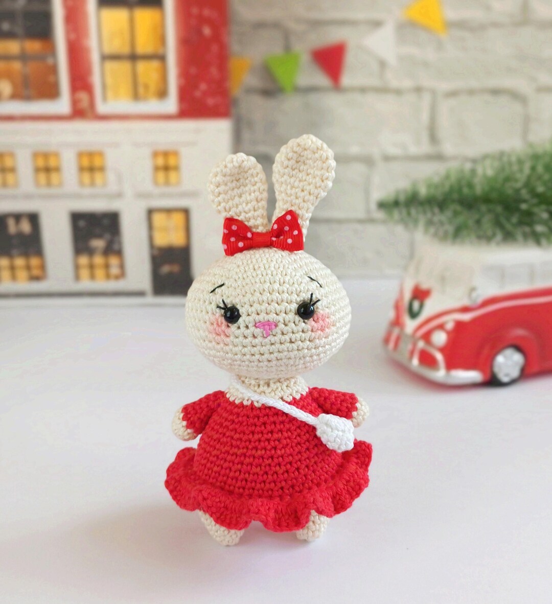 Handmade Crochet Bunny Toy in Red Dress