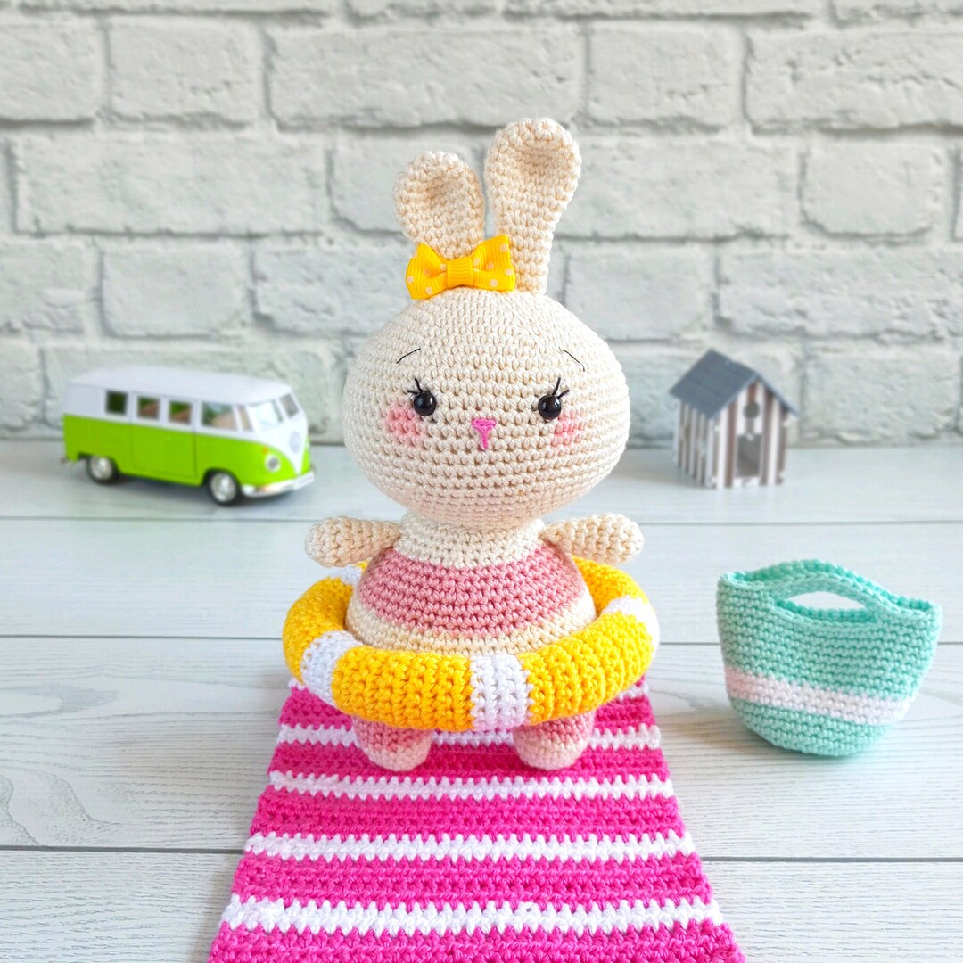 Crochet Bunny Doll in Dusty Pink Swimsuit, Finished Amigurumi Doll ...