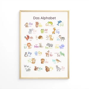 Póster de aprendizaje del abecedario con motivos de animales: los niños aprenden el alfabeto jugando (alemán)