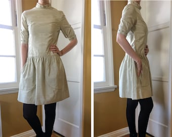 Beige taffeta party dress with dropped waist Vintage 50s 60s neutral 1960s drop waist full skirt rhinestone dress