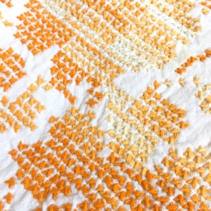 Vintage Embroidered White Table Cloth Orange hand stitched Fall Autumn Handmade Table Cover 55 x 68&quot; Rectangle