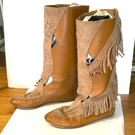 Fringe Moccasin boots suede leather mid calf flats - image 1