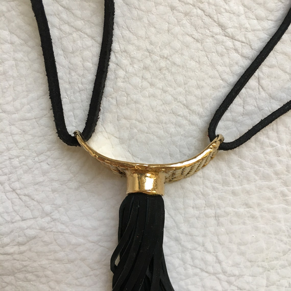 Tassel Choker Black Leather Tassel Gold Coated Brass Snakeskin Choker