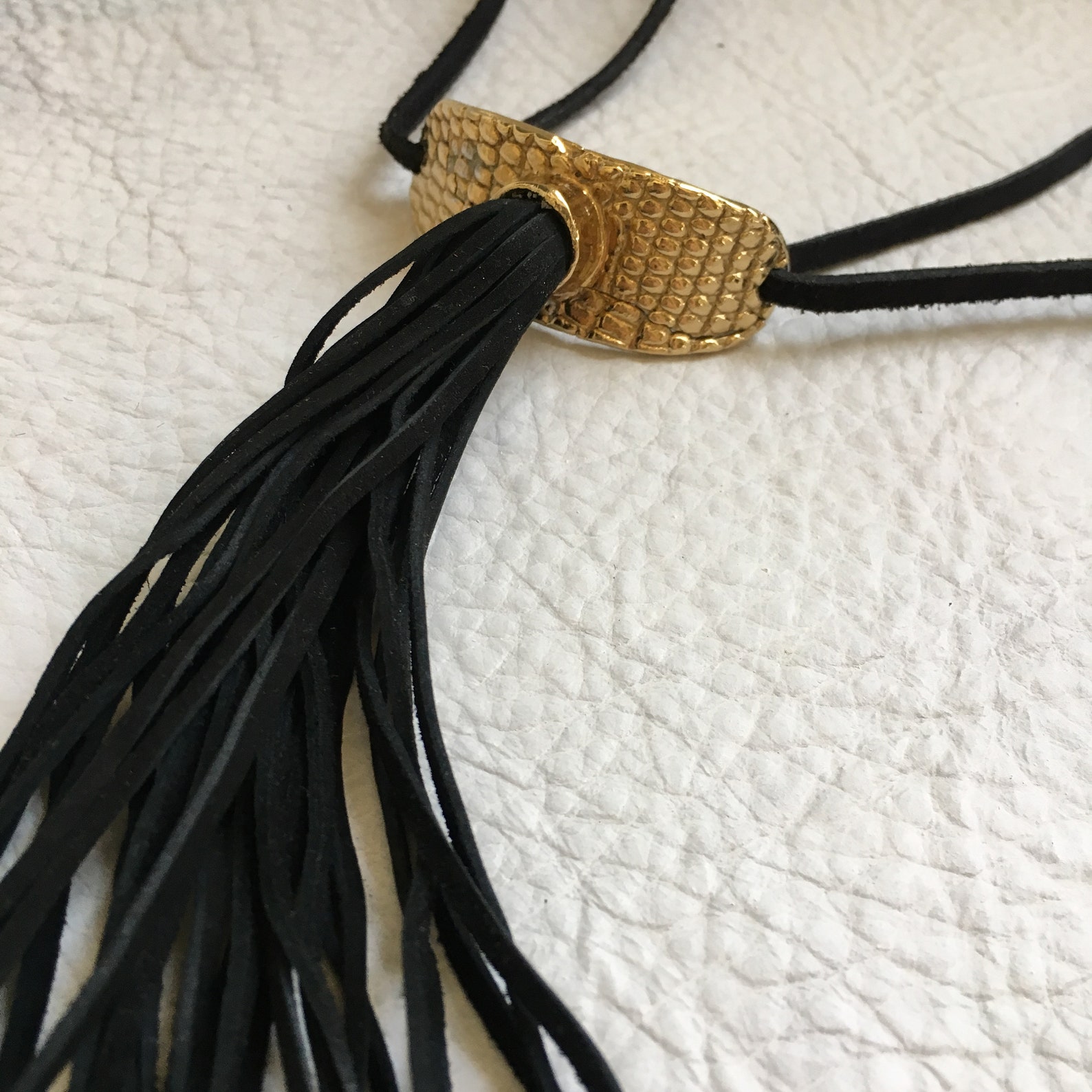 Tassel Choker Black Leather Tassel Gold Coated Brass Snakeskin Choker