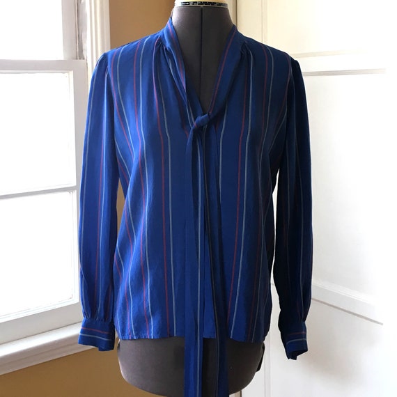 80s royal blue striped silk secretary shirt vinta… - image 3