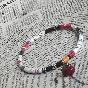 Magazine print wrapped bangle bracelet and charms, Glass Cherries Pearls Red and White