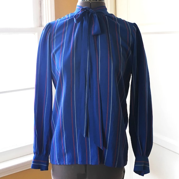 80s royal blue striped silk secretary shirt vinta… - image 1