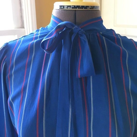 80s royal blue striped silk secretary shirt vinta… - image 2