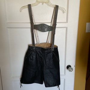 Small vintage Leather lederhosen shorts and suspenders Bavarian, German, Austrian Oktoberfest Dress up Costume