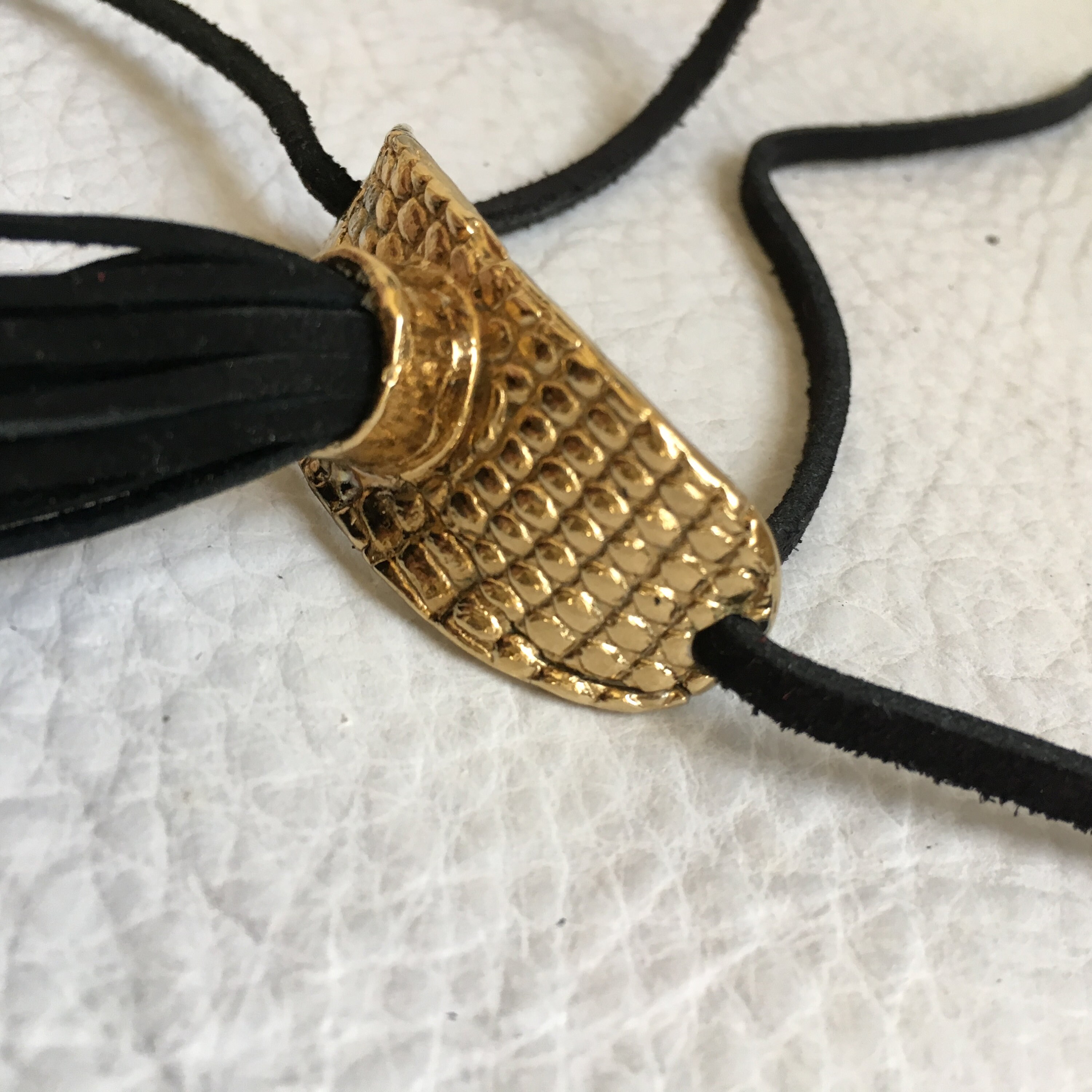 Tassel Choker Black Leather Tassel Gold Coated Brass Snakeskin Choker