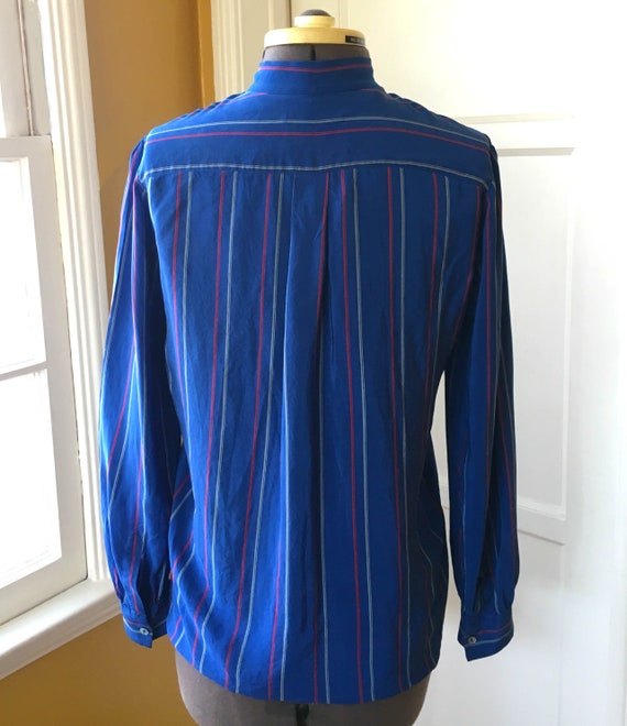 80s royal blue striped silk secretary shirt vinta… - image 6