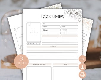 Printable Book Review Template Reading Journal Page PDF Download Editable