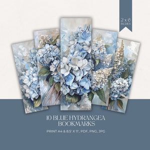 Puede incluir: Diez marcadores de página imprimibles con una ilustración de acuarela de hortensias azules. Los marcadores miden 2 pulgadas por 6 pulgadas y se pueden imprimir en papel A4 o 8,5 por 11 pulgadas.