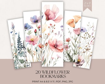 Watercolour Wildflower Bookmark Set Printable Cottagecore Large Floral Design for Home Printing