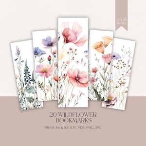 Segnalibro stampabile con fiori di campo PNG, acquerello, fiori primaverili pressati, download digitale, stampa e taglio, sublimazione, design Cottagecore