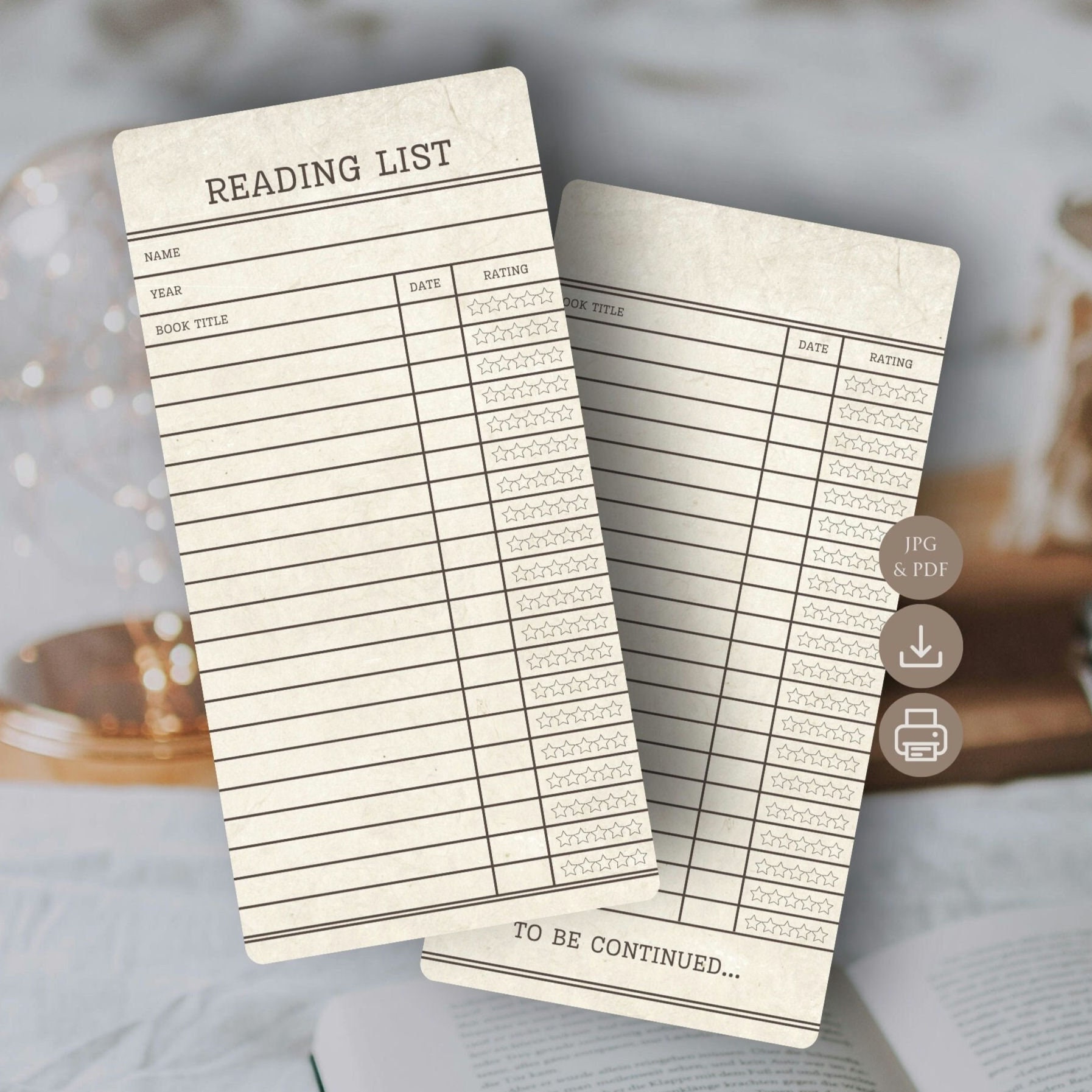 Vintage Style Book Tracker Bookmark Reading List Library Card PDF