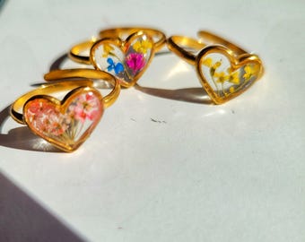 Adjustable Heart Resin Ring: Real Pressed Flowers, Handmade Jewelry