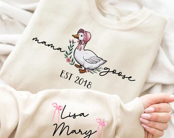 Custom Mama Goose Sweatshirt Mom Christmas Gift Kids Name On Sleeve Personalized Gift Wife Gifts Mama Crewneck Custom Sweatshirt Silly Goose