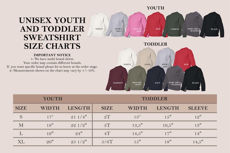 K&ouml;nnte beinhalten: Eine Gr&ouml;&szlig;entabelle f&uuml;r Unisex-Sweatshirts f&uuml;r Jugendliche und Kleinkinder. Die Tabelle zeigt verschiedene Sweatshirtfarben und Gr&ouml;&szlig;enangaben in Zentimetern. Der Text enth&auml;lt einen wichtigen Hinweis zu Markenvariationen und Messtoleranzen.