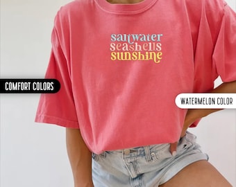 Summer Vibes Embroidery Comfort Colors Shirt Summer Embroidered Shirt Hello Summer Seashells Sunshine Beach Shirt Summer Clothing Girls Trip