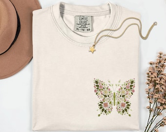 Butterfly Gifts Embroidery Shirt Comfort Colors Embroidered Shirt Floral Embroidery Designs Cottage Core Easter Spring Clothing Nature Lover