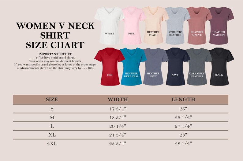 K&ouml;nnte beinhalten: Gr&ouml;&szlig;entabelle f&uuml;r Damen-V-Ausschnitt-Shirts mit Ma&szlig;en in Zoll. Die Tabelle zeigt die Gr&ouml;&szlig;en S bis 2XL mit den entsprechenden Breiten- und L&auml;ngenma&szlig;en. Die Tabelle zeigt auch verschiedene Farboptionen f&uuml;r die Shirts.