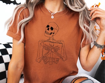 Book Lover Halloween Shirt Love Reading Comfort Colors Shirt Halloween Skeleton Spooky Reading Teacher Book Lover Gift Skeleton Book Shirt