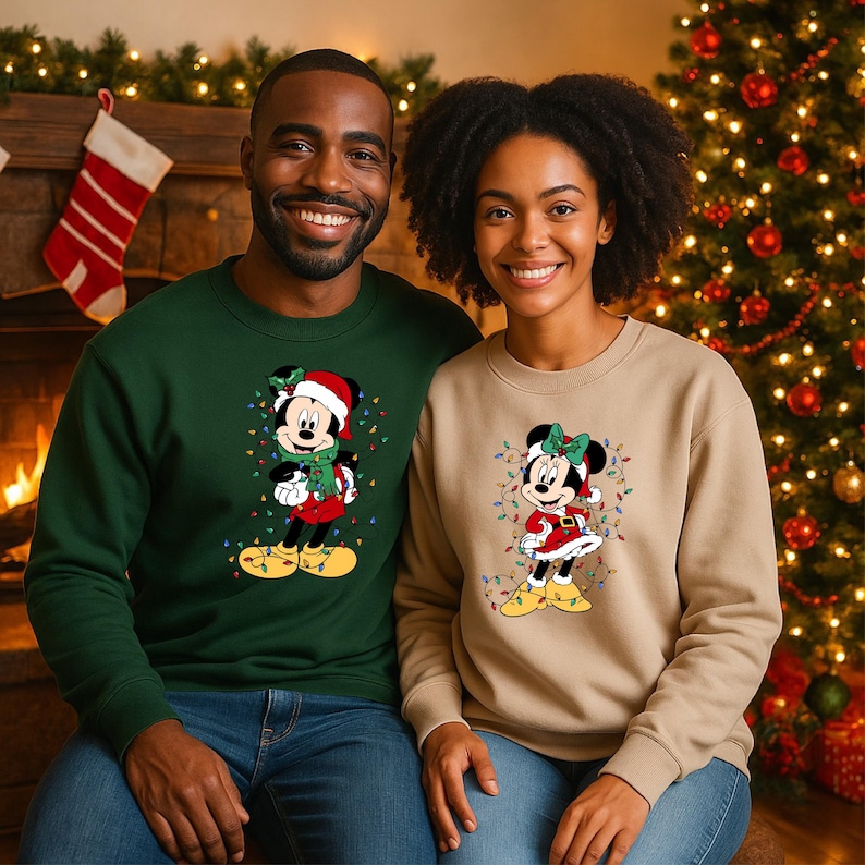 K&ouml;nnte beinhalten: Zwei Personen tragen Sweatshirts zum Thema Weihnachten. Eines ist dunkelgr&uuml;n, das andere ist beige. Beide zeigen einen Cartoon von Mickey und Minnie Mouse in Weihnachtsoutfits, umgeben von Lichterketten. Im Hintergrund ist ein Weihnachtsbaum zu sehen.