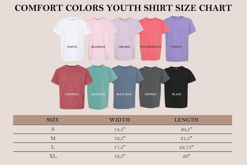 May include: Youth shirt size chart with measurements in inches. The chart shows different colors of shirts, including white, blossom, orchid, watermelon, violet, crimson, seafoam, blue jean, pepper, and black.