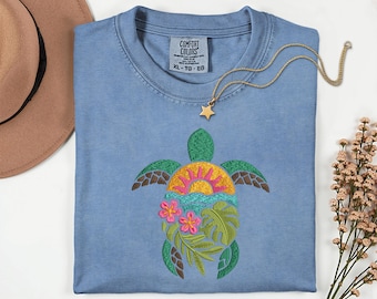 Floral Sea Turtle Embroidery Comfort Colors Shirt Summer Vibes Embroidered Shirt Hello Summer Beach Shirts Turtle Lover Gift Beach Vibes