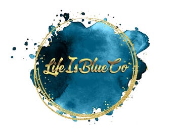 May include: A blue watercolor circle with a gold glitter outline and the text "Life Is Blue Co" in gold script.