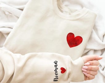 Custom Heart Sweatshirt Mothers Day Gift Name Sweatshirt Heart On Sleeve Mom Gift Personalized Gift Wife Gifts Custom Gift Valentine Gift