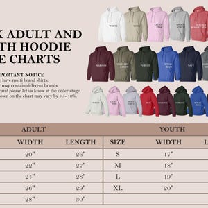 K&ouml;nnte beinhalten: Gr&ouml;&szlig;entabelle f&uuml;r Unisex-Hoodies f&uuml;r Erwachsene und Kinder. Die Tabelle zeigt die Breite und L&auml;nge in Zoll f&uuml;r die Gr&ouml;&szlig;en S, M, L, XL und 2XL. Die Tabelle enth&auml;lt auch eine visuelle Darstellung der verschiedenen verf&uuml;gbaren Farben f&uuml;r die Hoodies.