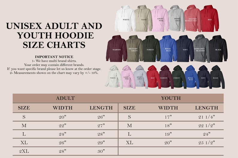 K&ouml;nnte beinhalten: Gr&ouml;&szlig;entabelle f&uuml;r Unisex-Hoodies f&uuml;r Erwachsene und Kinder. Die Tabelle zeigt die Breite und L&auml;nge in Zoll f&uuml;r die Gr&ouml;&szlig;en S, M, L, XL und 2XL. Die Tabelle enth&auml;lt auch eine visuelle Darstellung der verschiedenen verf&uuml;gbaren Farben f&uuml;r die Hoodies.