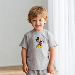 May include: A gray t-shirt featuring a colorful graphic of Mickey Mouse. The cartoon character is depicted with black, red, yellow, and white accents. The shirt is part of a matching set, and is worn by a young child.