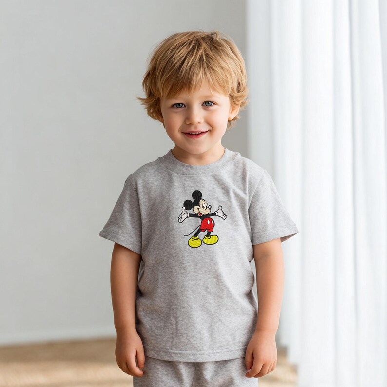 May include: A gray t-shirt featuring a colorful graphic of Mickey Mouse. The cartoon character is depicted with black, red, yellow, and white accents. The shirt is part of a matching set, and is worn by a young child.