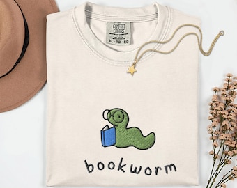 Bookworm Embroidery Shirt Comfort Colors Embroidered Shirt for Book Lover Bookworm Gift Teacher Embroidery Christmas Gift Reading Bookish