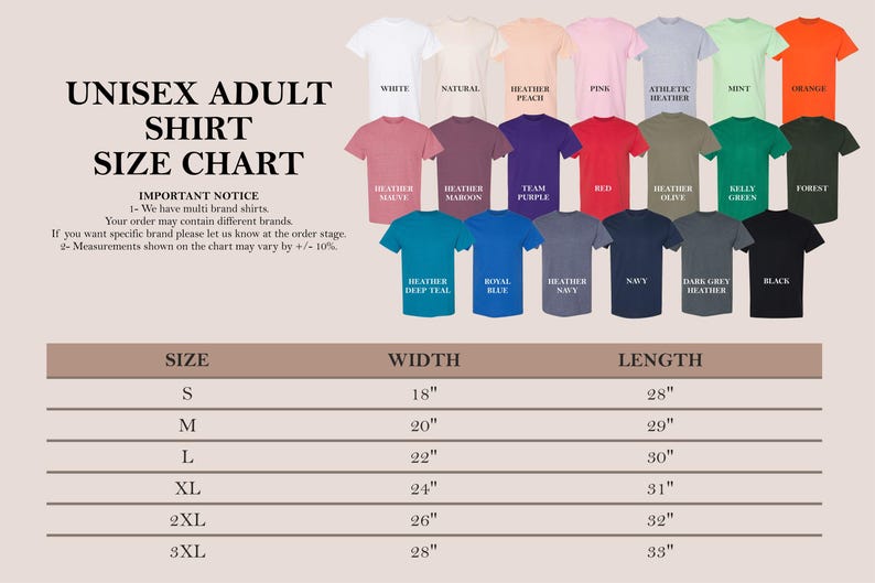 May include: Unisex adult shirt size chart with measurements in inches. The chart shows the width and length of shirts in sizes S, M, L, XL, 2XL, and 3XL. The chart also includes a colour swatch of 18 different colours.