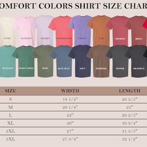 May include: A size chart for t-shirts in various colors, with measurements in inches for width and length. The chart includes sizes S, M, L, XL, 2XL, and 3XL.