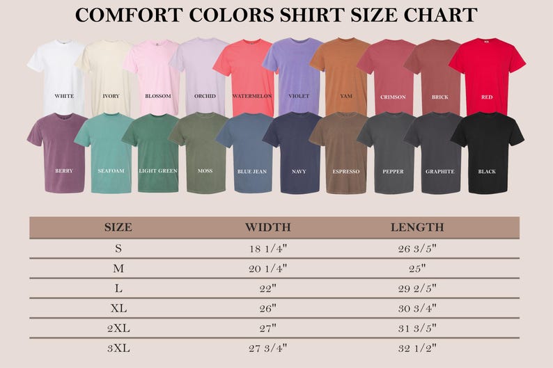 May include: A size chart for t-shirts in various colors, with measurements in inches for width and length. The chart includes sizes S, M, L, XL, 2XL, and 3XL.