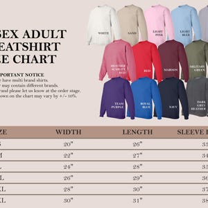 K&ouml;nnte beinhalten: Eine Gr&ouml;&szlig;entabelle f&uuml;r Unisex-Sweatshirts f&uuml;r Erwachsene mit verschiedenen Farben. Die Tabelle enth&auml;lt Ma&szlig;e f&uuml;r die Gr&ouml;&szlig;en S bis 3XL, mit Breiten von 50,8 bis 76,2 cm und L&auml;ngen von 66 bis 78,7 cm.
