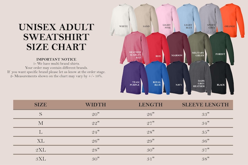 K&ouml;nnte beinhalten: Eine Gr&ouml;&szlig;entabelle f&uuml;r Unisex-Sweatshirts f&uuml;r Erwachsene mit verschiedenen Farben. Die Tabelle enth&auml;lt Ma&szlig;e f&uuml;r die Gr&ouml;&szlig;en S bis 3XL, mit Breiten von 50,8 bis 76,2 cm und L&auml;ngen von 66 bis 78,7 cm.
