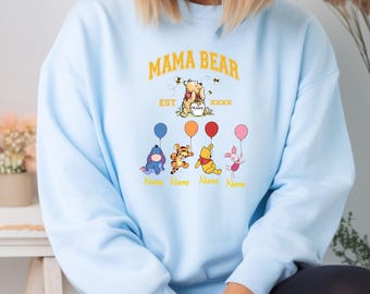 Custom Winnie The Pooh Mama Bear Sweatshirt Mothers Day Gifts Kids Name Personalized Gift Wife Gifts Mama Crewneck Custom Sweatshirt