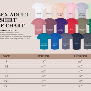 K&ouml;nnte beinhalten: Gr&ouml;&szlig;entabelle f&uuml;r Unisex-Erwachsenen-Shirts mit Ma&szlig;en in Zoll. Die Tabelle zeigt die Breite und L&auml;nge von Shirts in den Gr&ouml;&szlig;en S, M, L, XL, 2XL und 3XL. Die Tabelle enth&auml;lt auch einen Farbmuster von 18 verschiedenen Farben.