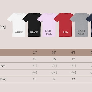 May include: Image of toddler heavy cotton t-shirts in various colors: white, black, light pink, red, sport grey, navy, and royal blue. A size chart shows body length and chest width measurements in inches for sizes 2T to 6T.
