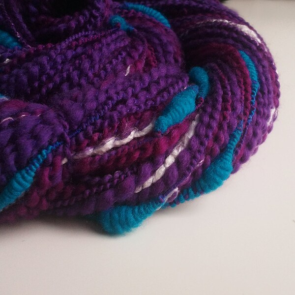 Handspun Ocean Art Yarn - NUDIBRANCH II - Vivid Purple, White, Glitter. Bright Teal Coils. Marine Life, Sea Creatures, Slug. 125 yards, 3 oz